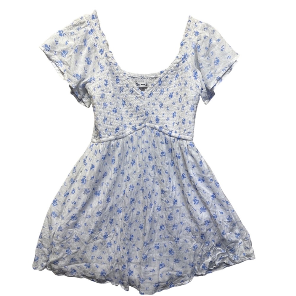 Hollister Smocked Floral Mini Dress White Blue Short Sleeve Square Neck‎ Women S